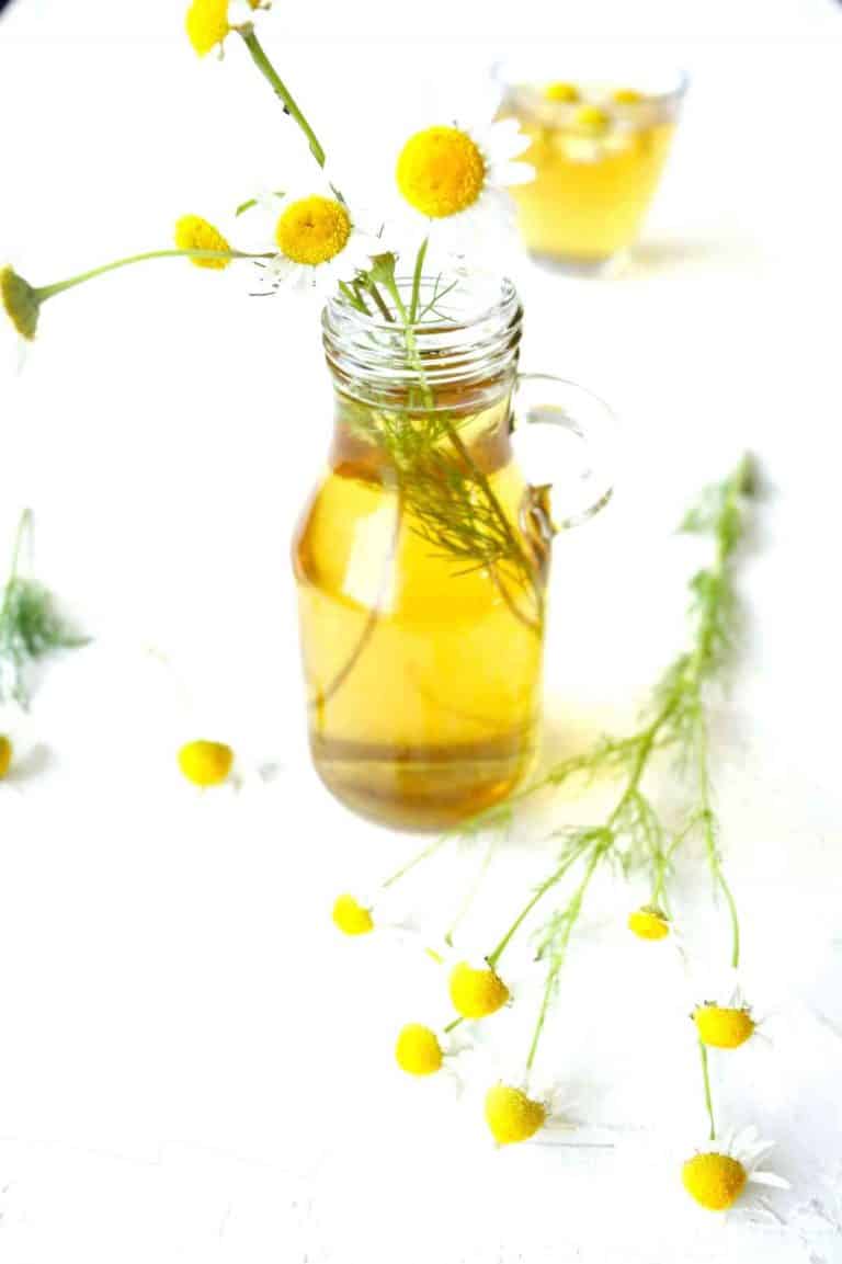 Chamomile tea hair rinse for glowing hair SimplyBeyondHerbs