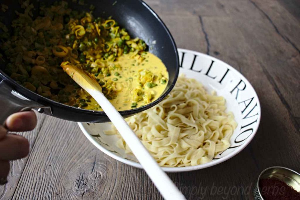 Creamy Saffron Pasta Recipe with leeks and peas SimplyBeyondHerbs