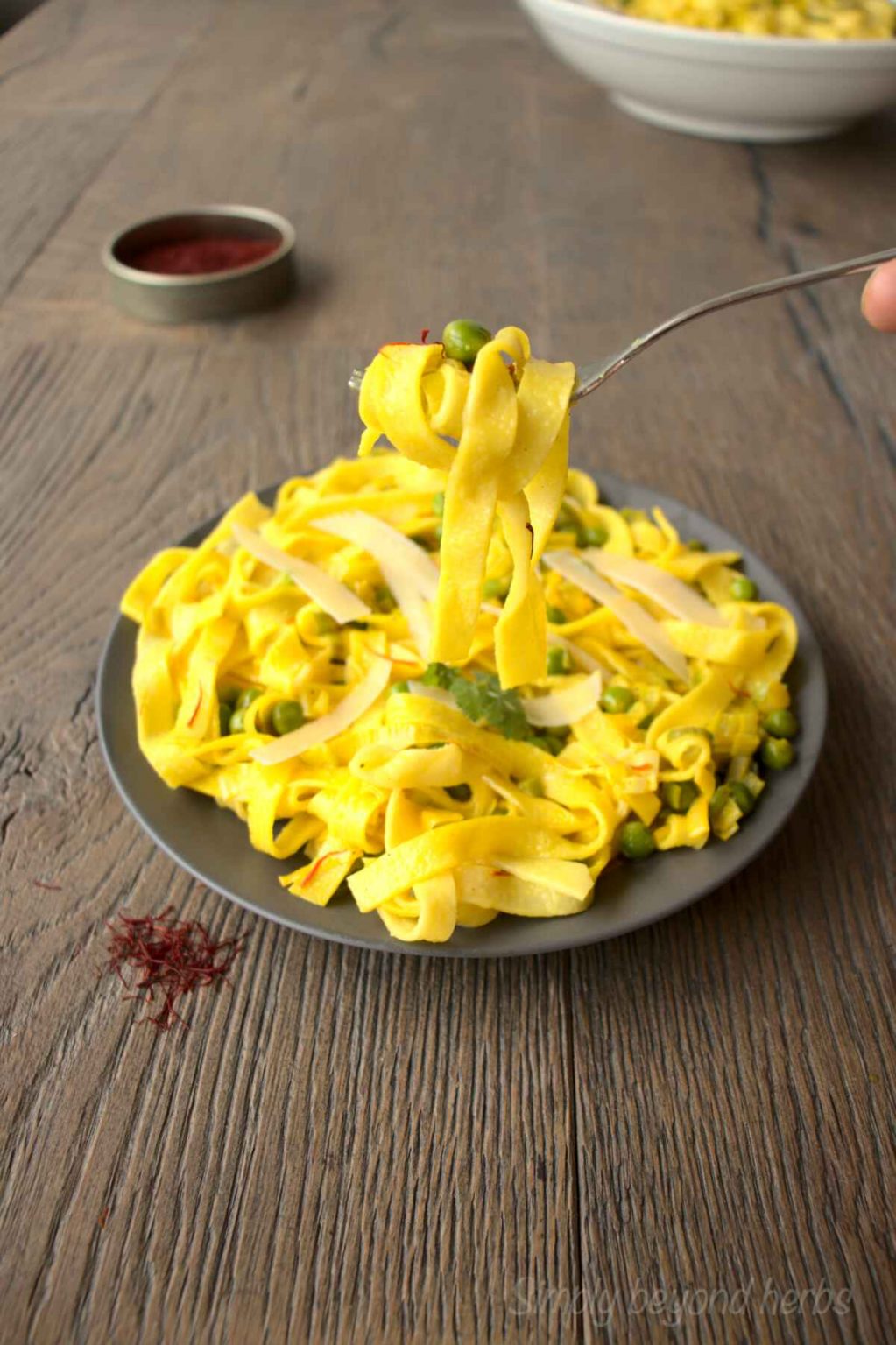 Creamy Saffron Pasta Recipe with leeks and peas SimplyBeyondHerbs