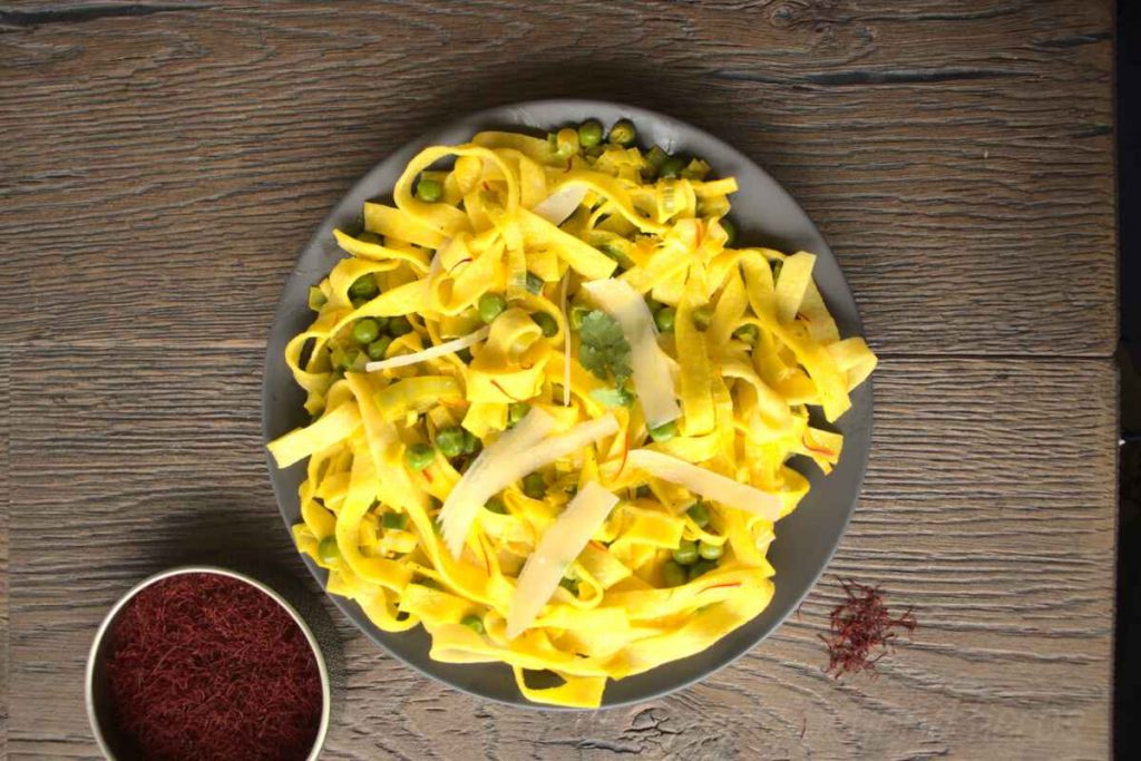Creamy Saffron Pasta Recipe with leeks and peas SimplyBeyondHerbs